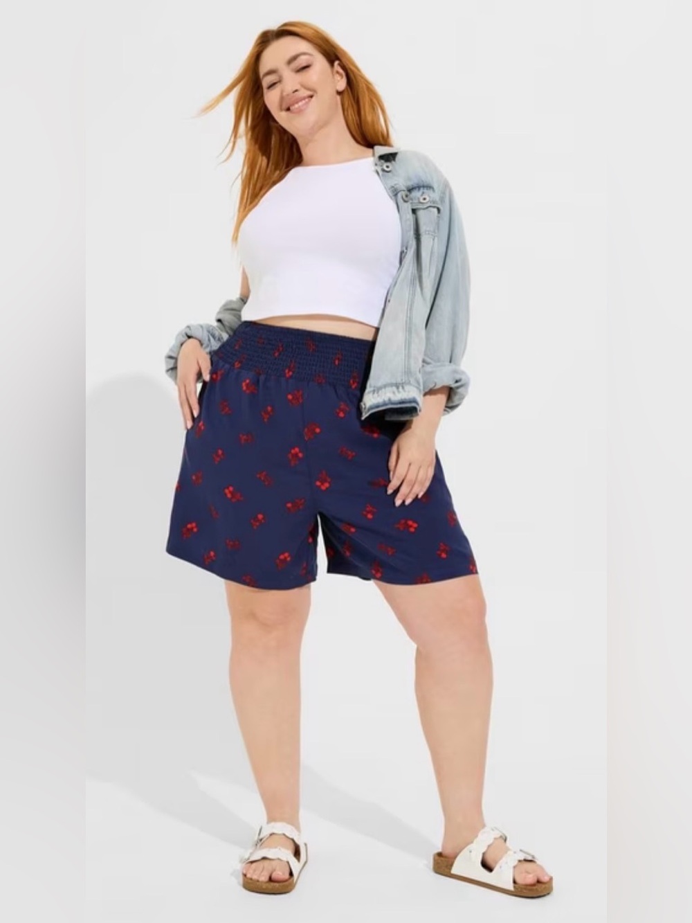 Torrid Navy Cherry Print Smocked High Rise Shorts Plus Size 4X